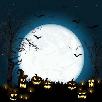 Halloween dead tree and pumpkins in front of an full moon Stock Illustration