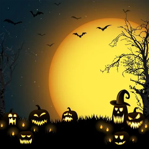Halloween dead tree and pumpkins in front of an full moon Illustrazione stock