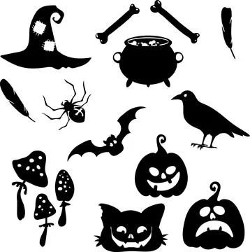 Halloween decor collection, 15 elements - mushrooms, cauldron and raven, pu.. Stock Illustration