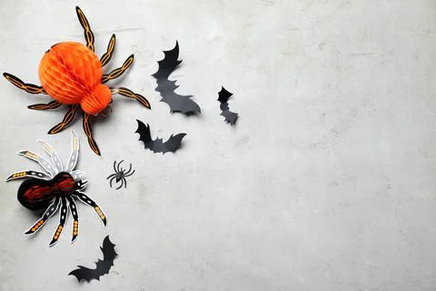 Halloween decor elements on light grey background, flat lay. Space for text Stock Photos