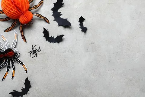 Halloween decor elements on light grey background, flat lay. Space for text Stock Photos
