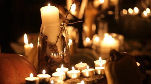 Halloween decor table with candles and pumpkins Stock Footage 57598249