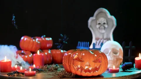 Halloween decorated table on black background Stock Footage 116107939