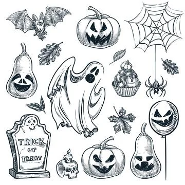 Halloween decoration design elements collection. Vector hand drawn sketch ill Stock-Illustration