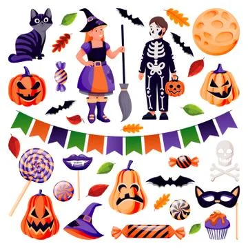 Halloween decoration design elements set. Vector flat cartoon illustration. P Stock Illustration