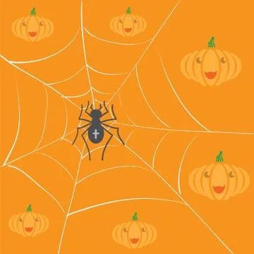 Halloween Decoration Pattern with Pumpkin and Spider on Orange Background Stock Illustration