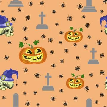 Halloween Decoration Seamless Pattern with Pumpkin Isolated on Orange Background イラスト素材