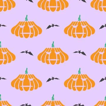 Halloween Decoration Seamless Pattern with Pumpkin and Bat Isolated on Purple Stockillustratie