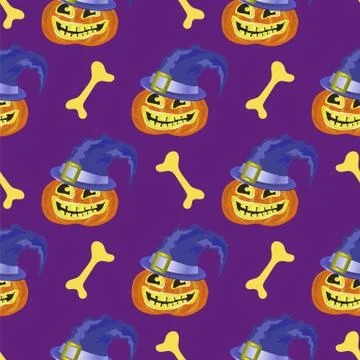 Halloween Decoration Seamless Pattern with Pumpkin and Spider Isolated on Purple Stock Illustration