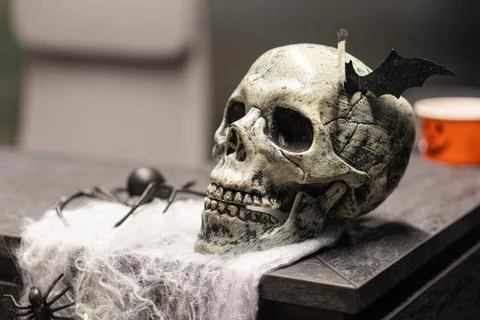 Halloween decoration setup featuring a plastic skull with jagged edges and .. Stock Photos