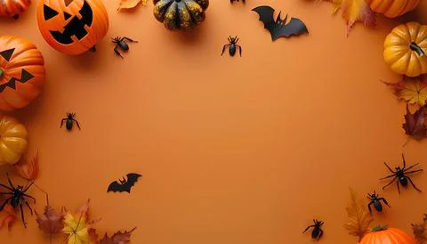 Halloween decorations around the frame on orange background Stock Photos