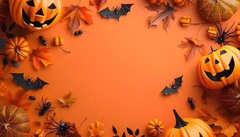 Halloween decorations around the frame on orange background Stock Photos