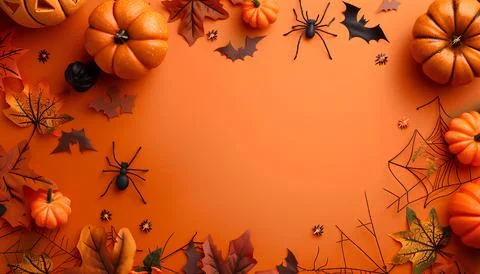 Halloween decorations around the frame on orange background Stock Photos