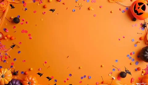 Halloween decorations around the frame on orange background Stock Photos