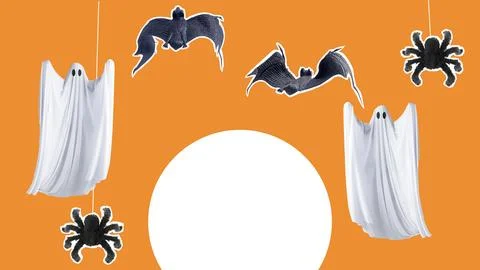 Halloween decorations with bats and ghosts hanging from the ceiling Stock Illustration