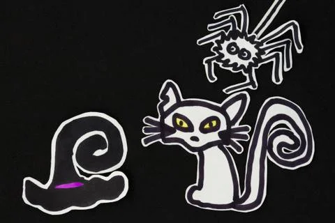 Halloween decorations  cat, witch hat and spider Stock Illustration