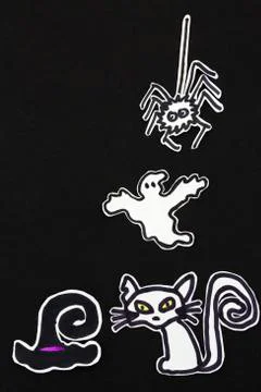Halloween decorations  cat, witch hat, ghost and spider Stock Illustration