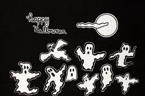 Halloween decorations ghosts, moon, cloud and letters Stock Illustration