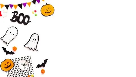 Halloween decorations with ghosts pumpkins bats and banners Stock Photos