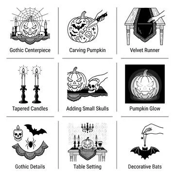 Halloween Decorations, Gothic Table Setting, Pumpkins, Candles, Bats, Skull.. Stock Illustration