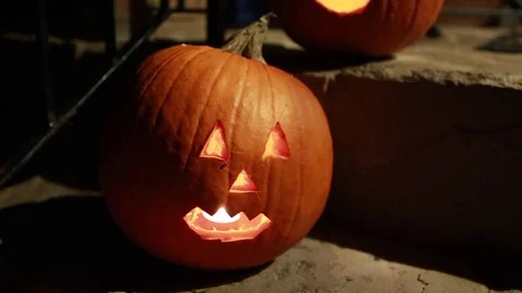 Halloween Decorations on House, Pumpkins, Jack o'Lantern Stock Footage