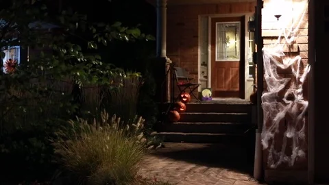 Halloween Decorations on House, Pumpkins, Jack o'Lantern Stock-Footage 70565571