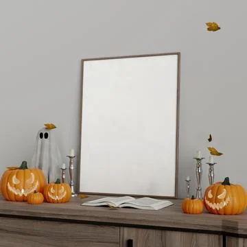 Halloween Decorations with Pumpkins and Ghost on Console 3D Render Stock Illustration