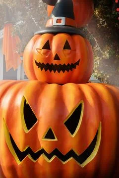 Halloween decorations two pumpkins with faces Stock Photos