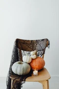 HALLOWEEN DECORATIONS ON A WHITE WALL Stock Photos