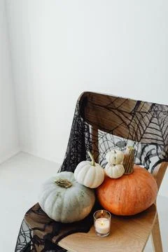 HALLOWEEN DECORATIONS ON A WHITE WALL Stock Photos