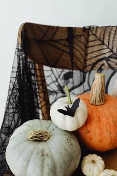 HALLOWEEN DECORATIONS ON A WHITE WALL Stock Photos