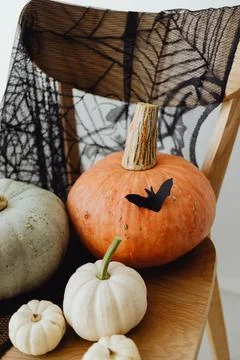 HALLOWEEN DECORATIONS ON A WHITE WALL Stock Photos