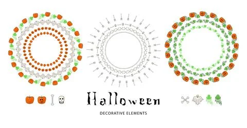 Halloween decorative elements. Skulls, bones, ghosts, pumpkins, leaves. Decor Stock Illustration