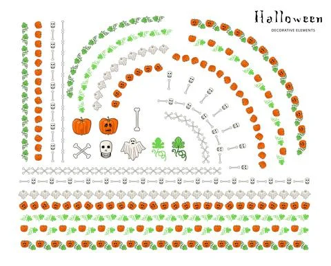 Halloween decorative elements. Skulls, bones, ghosts, pumpkins, leaves. Decor Stock Illustration