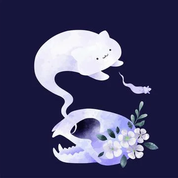 Halloween design, cat ghost with skull and flowers Stock Illustration