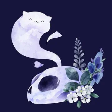 Halloween design, cat ghost with skull and flowers Stock Illustration
