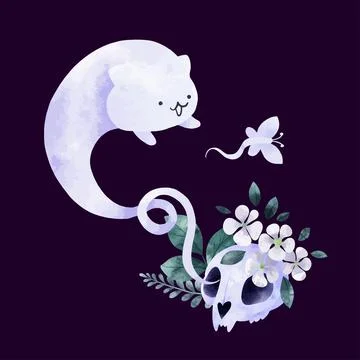 Halloween design, cat ghost with skull and flowers Stock Illustration