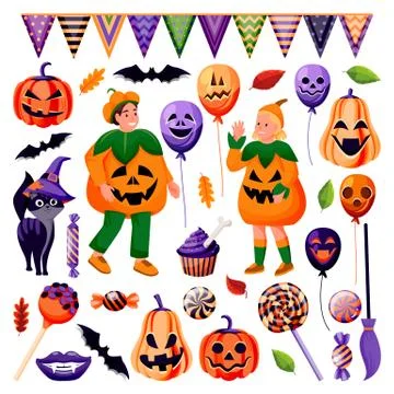 Halloween design elements. Balloons with grinning face candy black cat bat ki Stock Illustration