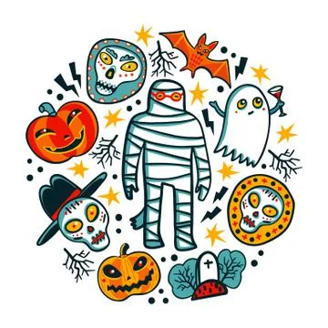 Halloween design elements. Cartoon pumpkins, mummy, bat, ghost and skulls Stock-Illustration