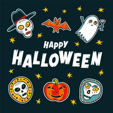 Halloween design elements. Cartoon pumpkins, mummy, bat, ghost and skulls Stock Illustration