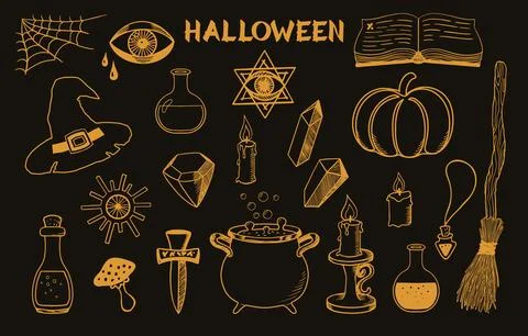 Halloween design elements set. Magical hand drawn symbols. Witch cauldron, .. Stock Illustration