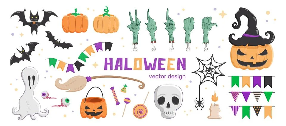 Halloween design elements set, sticker set with Halloween symbols Stock Illustration