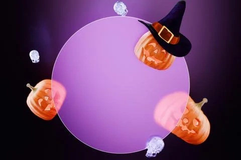 Halloween design with pumpkins, a witch hat, and skulls around a glass circle Illustrazione stock