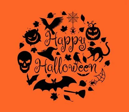 Halloween details with the text in a shape of a circle on the orange background. 스톡 일러스트