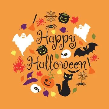 Halloween details with the text in a shape of a circle on the orange background. Stock Illustration