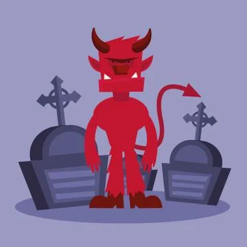Halloween devil cartoon at cemetery vector design Illustrazione stock