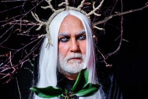 Halloween Devil man. Bearded man in witcher costume. Sinister sorcerer vampir Stock Photos