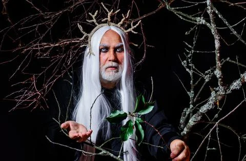 Halloween Devil with professional makeup. Bearded man ready for party. Scary  Foto stock