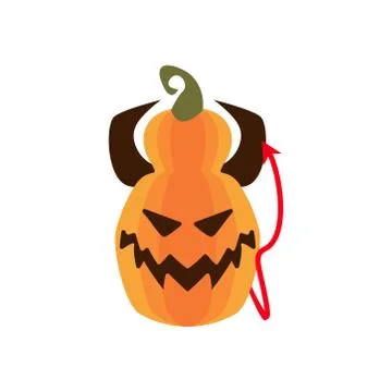 Halloween devil pumpkin with horns and tail flat style icon 스톡 일러스트