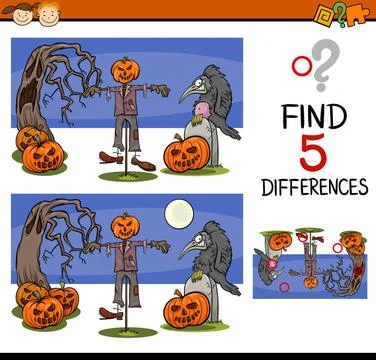 Halloween differences task Cartoon Illustration of Finding Differences Edu... Foto stock
